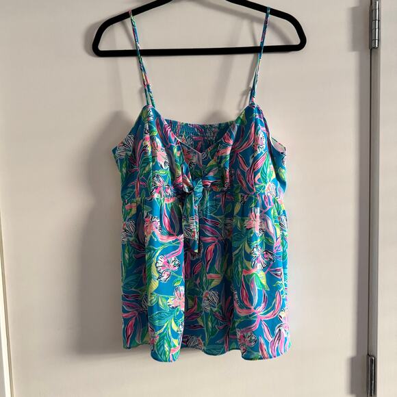 New Lilly Pulitzer Cadie Cami Top Turquoise Tie Front Smocked Sleeveless Sz 14 - Picture 2 of 7
